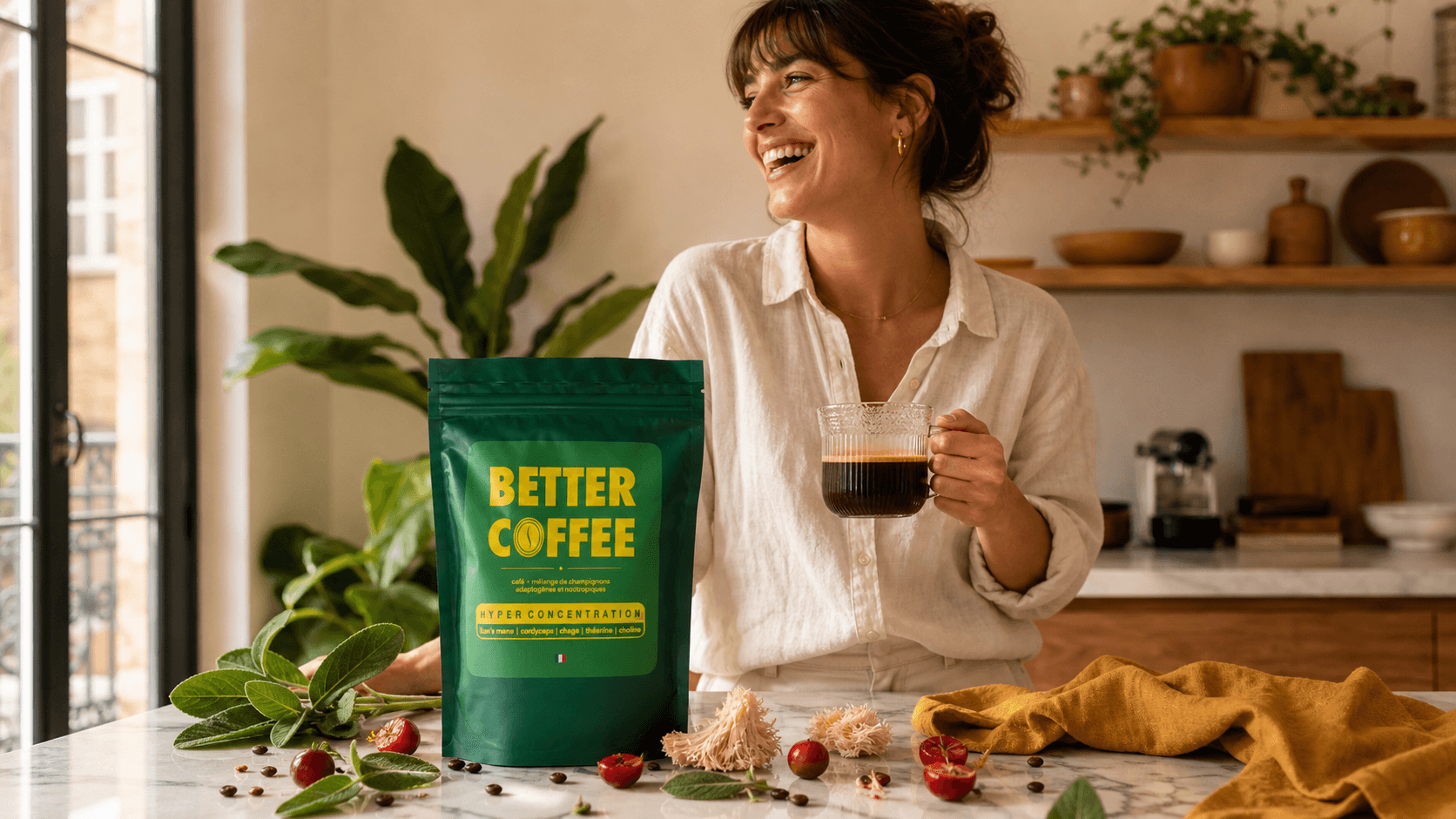 Better Coffee, café aux champignons adaptogènes dans une cuisine lumineuse